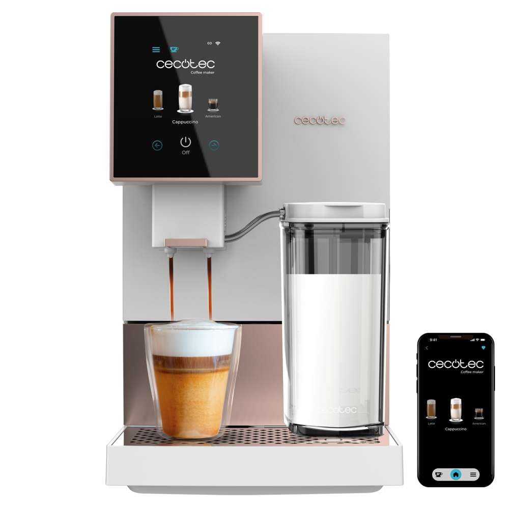 Cecotec Cafetera Superautomática Cremmaet Compactccino Connected White Rose. 19 Bares, Pantalla TFT y Wifi, Sistema Thermoblock, Tanque de Leche, Depósito de 150 G de Café, 5 Niveles de Molienda