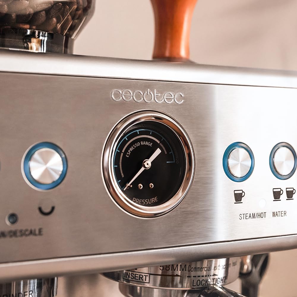 Cecotec Cafetera Express Barista Power Espresso 20 Barista Maestro. 2250 W, 20 Bares, Manometro y 2 Thermoblocks, Depósito de Café en Grano, Molinillo con 20 Niveles, Vaporizador