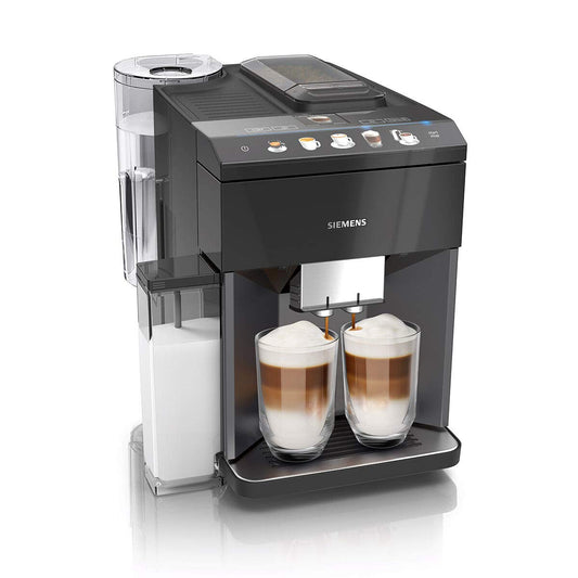 Siemens, cafetera superautomática, EQ.500, aromaDouble Shot, autoMilk Clean, Molinillo cerámico, pantalla coffeeSelect, oneTouch DoubleCup, negro zafiro metálico, TQ505R09