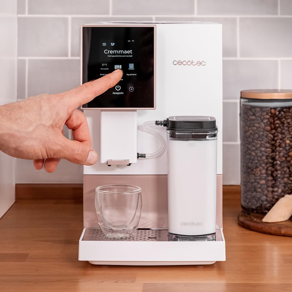 Cecotec Cafetera Superautomática Cremmaet Compactccino Connected White Rose. 19 Bares, Pantalla TFT y Wifi, Sistema Thermoblock, Tanque de Leche, Depósito de 150 G de Café, 5 Niveles de Molienda