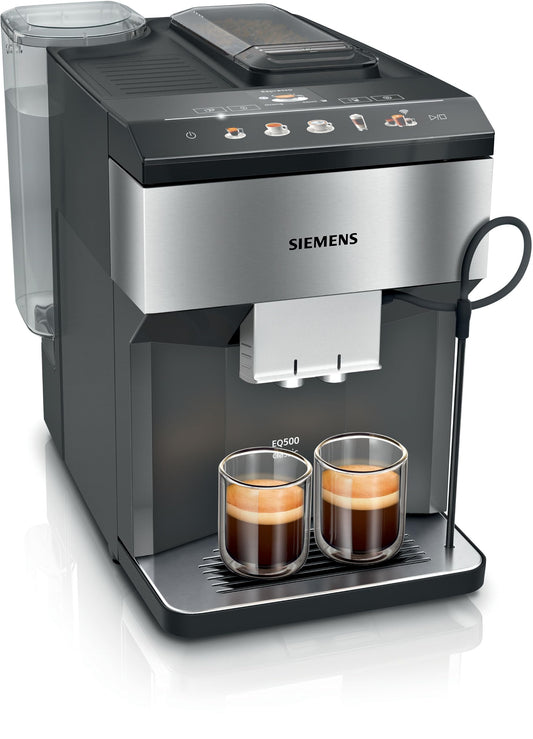 Siemens, Cafetera totalmente automática, EQ500, Home Connect, aromaDouble Shot, autoMilk Clean, ceramDrive, coffeeSelect Display, OneTouch DoubleCup, acero inoxidable/negro, TP516RX3