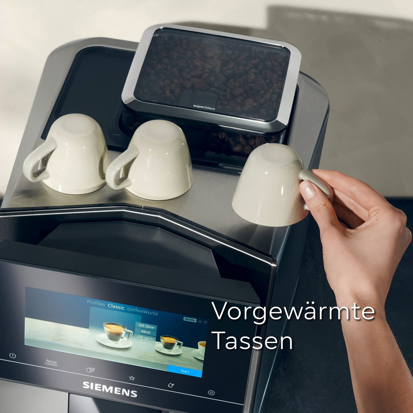 SIEMENS Máquina automática de café EQ900 TQ903D03, control por aplicación, pantalla táctil intuitiva, modo barista, AromaBoost, reducción de ruido, trituradora premium, limpieza automática de vapor,