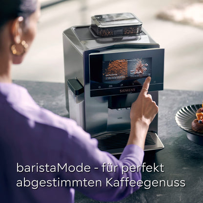 SIEMENS Máquina automática de café EQ900 TQ903D03, control por aplicación, pantalla táctil intuitiva, modo barista, AromaBoost, reducción de ruido, trituradora premium, limpieza automática de vapor,